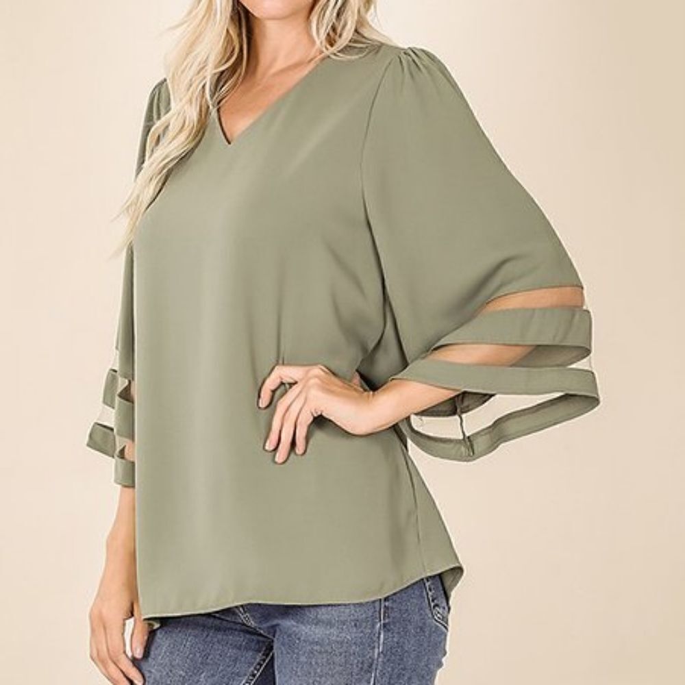 Light Olive V-Neck Mesh-Stripe Bell Sleeve Top
